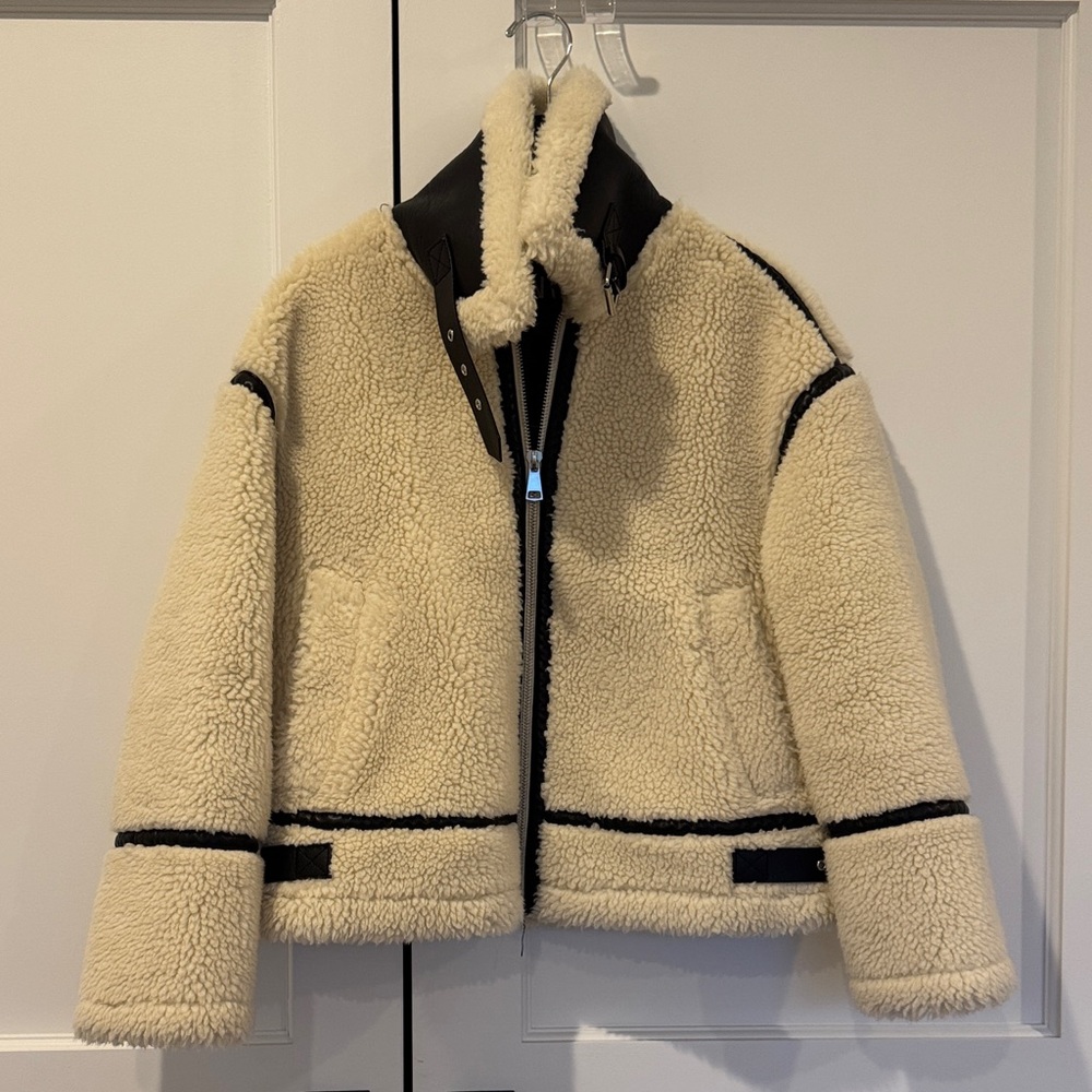 Zara Shearling Bomber Jacket with Black Trim